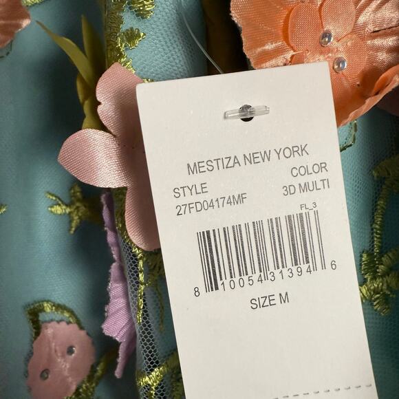 Mestiza Flora Blue 3D Floral Appliqué Flare Sleeve Cocktail Mini Dress Size M - Picture 14 of 16